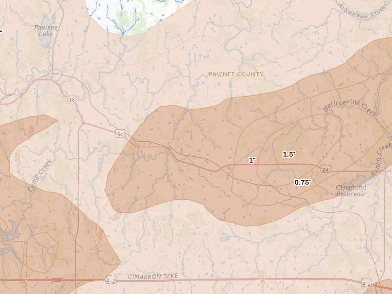 Radar-estimated hail-size map of the storm over Pawnee, OK on Apr 23, 2026
