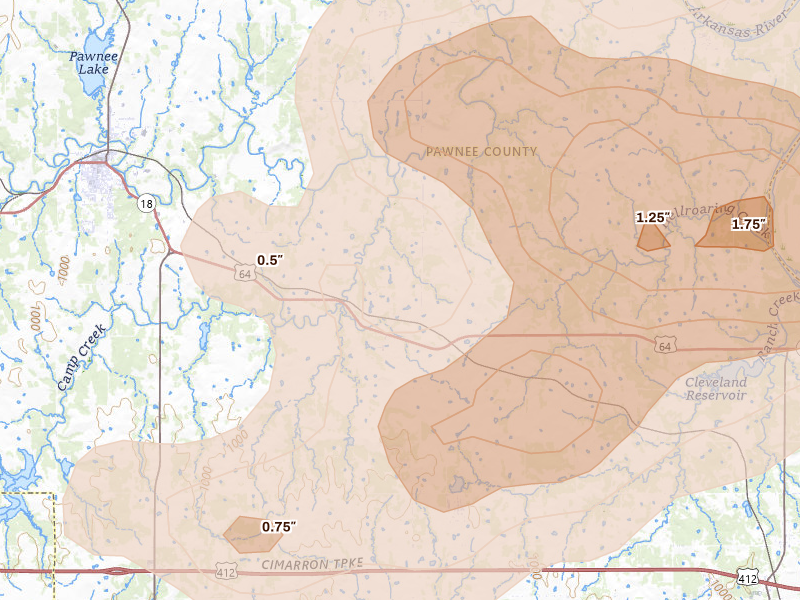 Radar-estimated hail-size map of the storm over Pawnee, OK on May 8, 2026