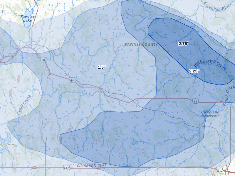 NEXRAD radar-signature map of the hail storm over Pawnee, OK on May 8, 2026