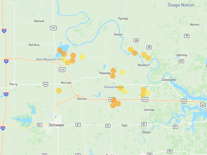 Hail map of Pawnee, OK on Jul 5, 2026, hail up to 1"