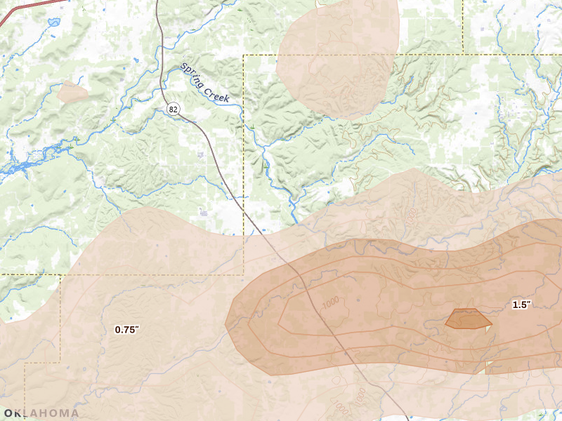 Radar-estimated hail-size map of the storm over Peggs, OK on Apr 28, 2026