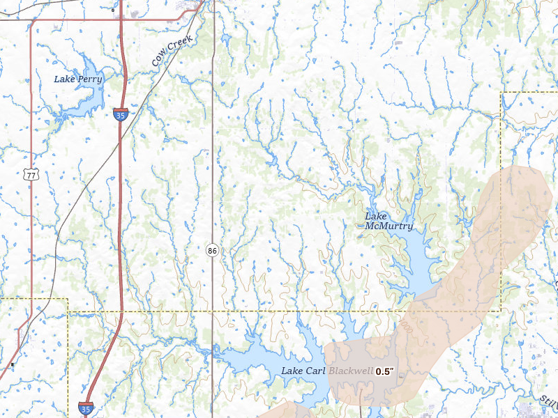 Radar-estimated hail-size map of the storm over Perry, OK on Mar 6, 2026