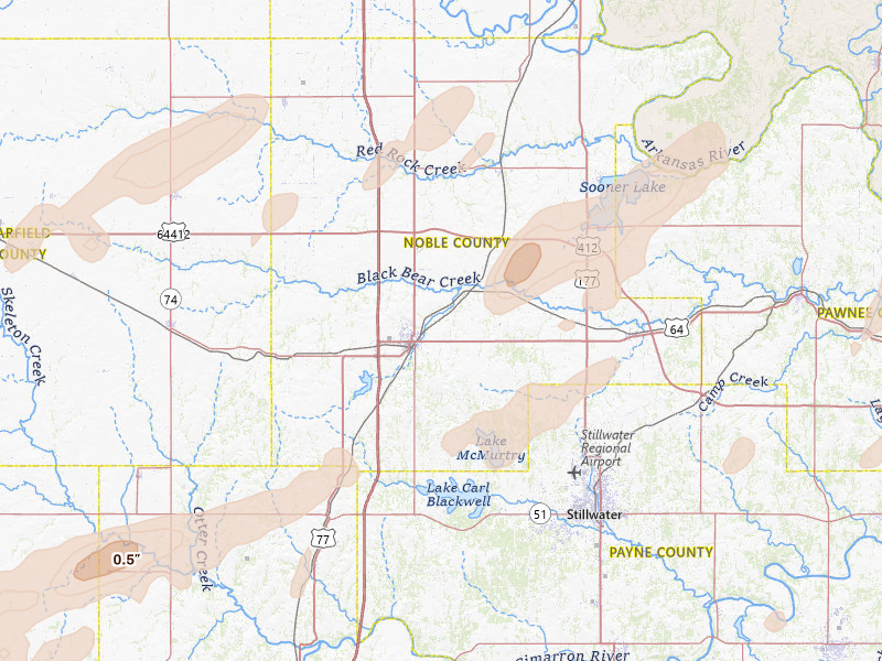 Radar-estimated hail-size map of the storm over Perry, OK on Apr 1, 2026