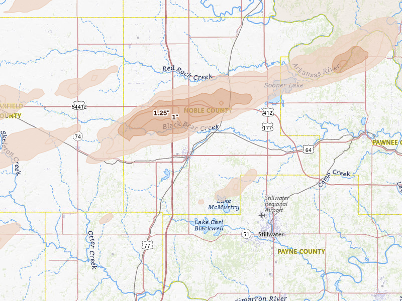 Radar-estimated hail-size map of the storm over Perry, OK on Apr 3, 2026