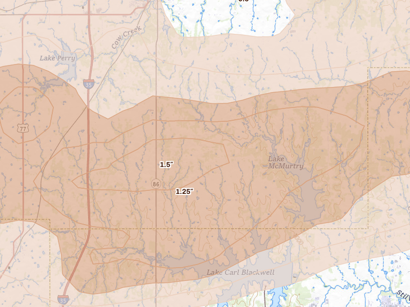 Radar-estimated hail-size map of the storm over Perry, OK on Apr 23, 2026