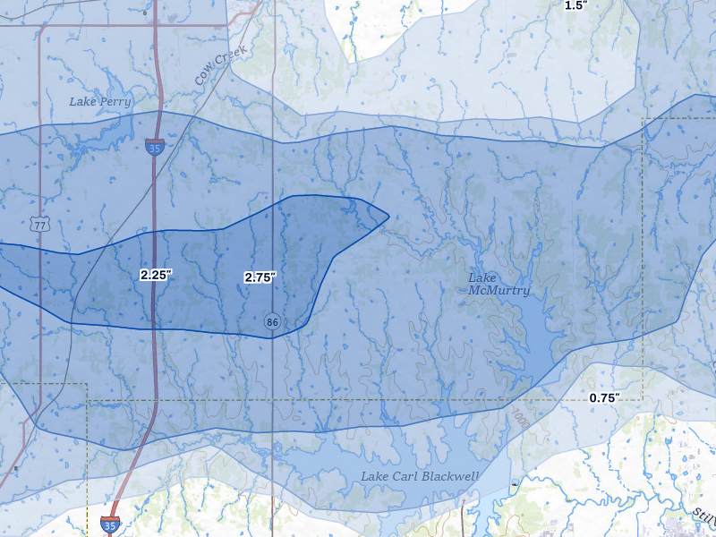 NEXRAD radar-signature map of the hail storm over Perry, OK on Apr 23, 2026