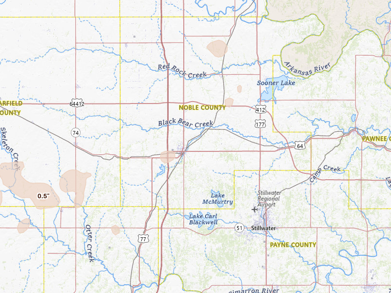 Radar-estimated hail-size map of the storm over Perry, OK on May 22, 2026