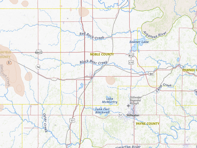Radar-estimated hail-size map of the storm over Perry, OK on Jun 1, 2026