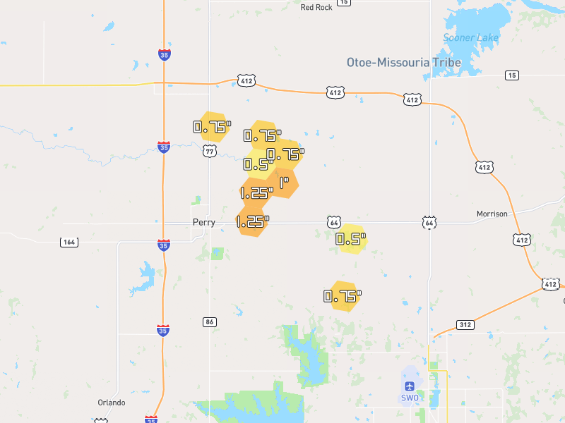 Hail map of Perry, OK on Jun 2, 2026, hail up to 1.25"
