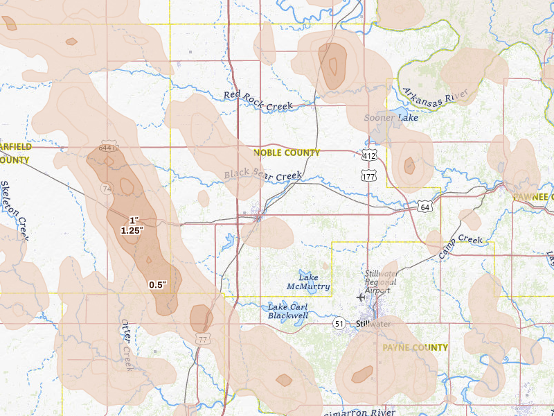 Radar-estimated hail-size map of the storm over Perry, OK