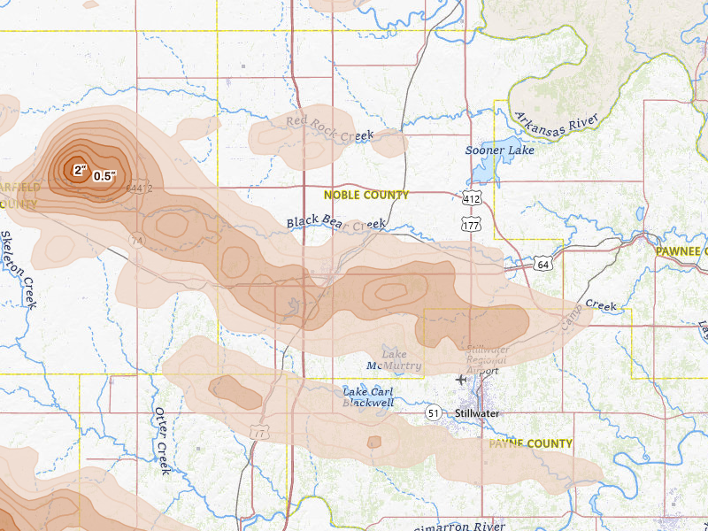 Radar-estimated hail-size map of the storm over Perry, OK on Jun 26, 2026