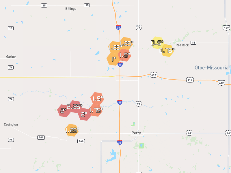 Hail map of Perry, OK on Jun 26, 2026, hail up to 2.25"