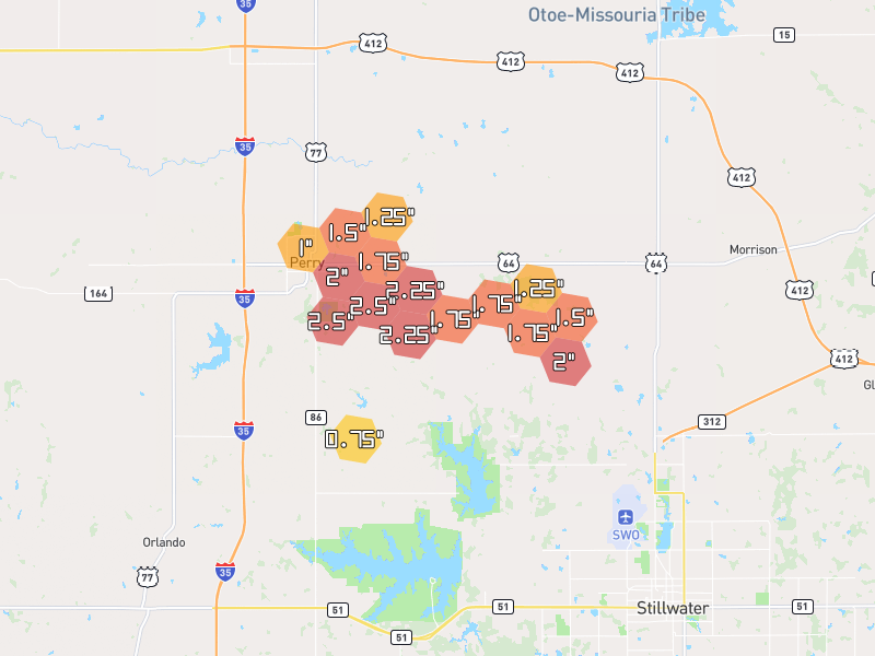 Hail map of Perry, OK on Jun 27, 2026, hail up to 2.5"