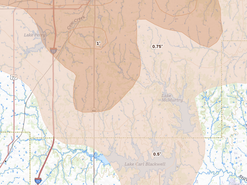 Radar-estimated hail-size map of the storm over Perry, OK on Jul 4, 2026