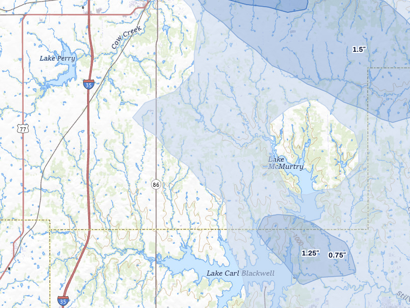 NEXRAD radar-signature map of the hail storm over Perry, OK on Jul 4, 2026