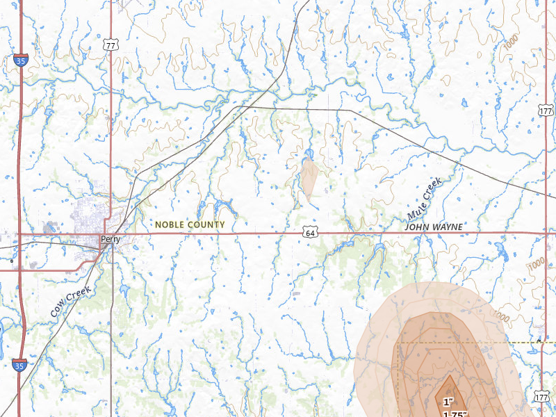Radar-estimated hail-size map of the storm over Perry, OK on Aug 21, 2026