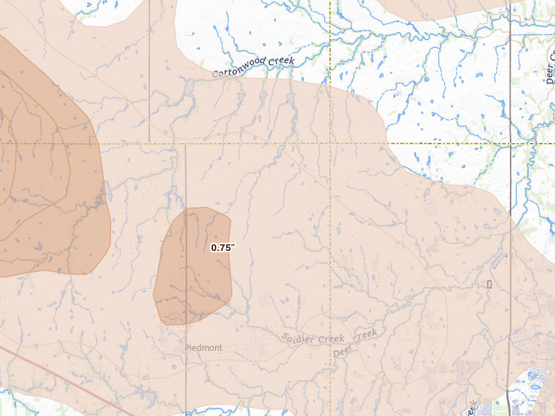 Radar-estimated hail-size map of the storm over Piedmont, OK on Jun 26, 2026
