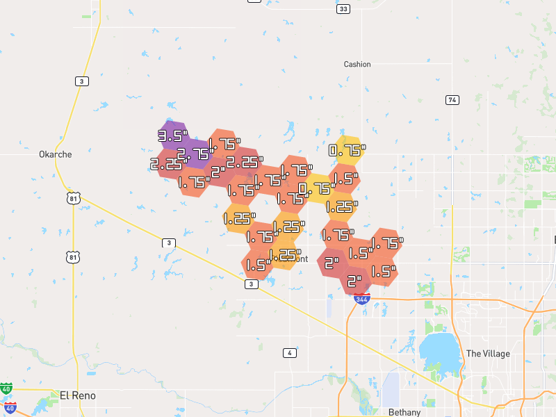Hail map of Piedmont, OK on Jun 27, 2026, hail up to 3.5"