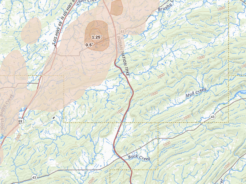 Radar-estimated hail-size map of the storm over Pittsburg, OK on Mar 6, 2026