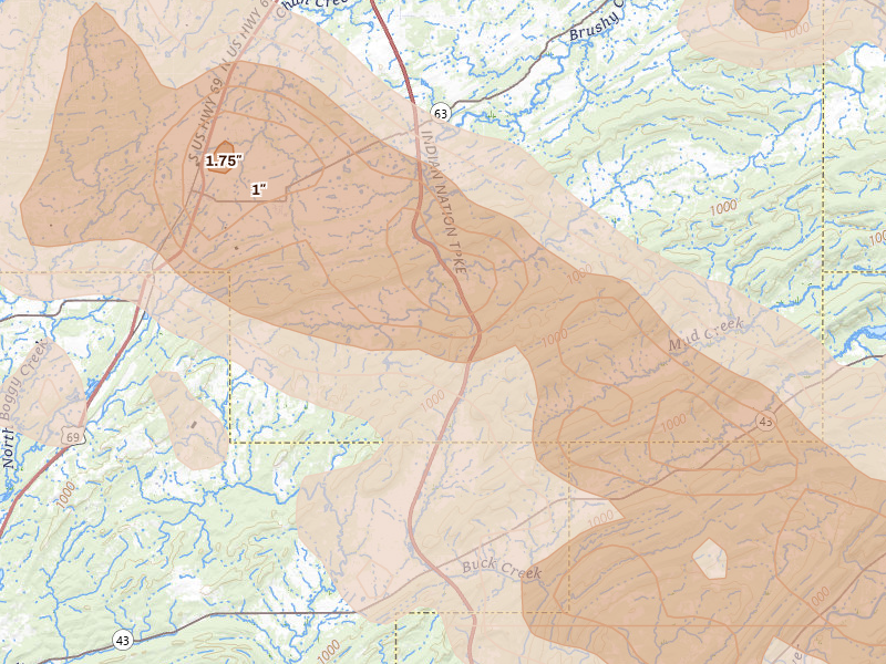 Radar-estimated hail-size map of the storm over Pittsburg, OK on Apr 24, 2026