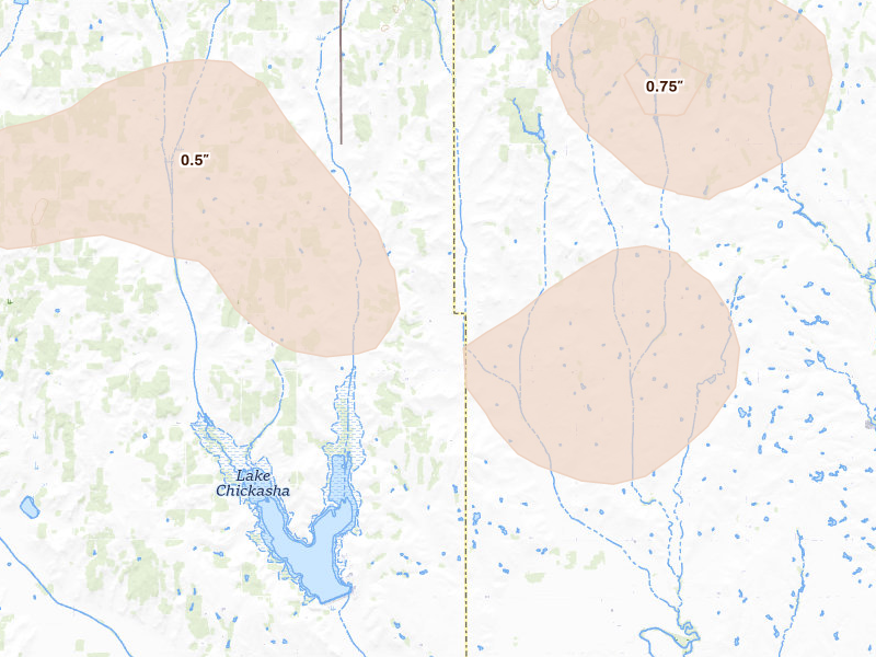 Radar-estimated hail-size map of the storm over Pocasset, OK on Jul 4, 2026