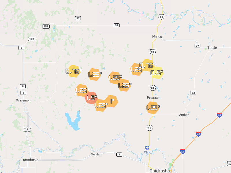 Hail map of Pocasset, OK on Jul 5, 2026, hail up to 1.5"