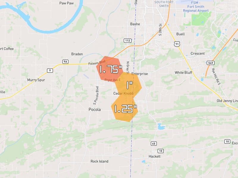 Hail map of Pocola, OK on Jun 2, 2026, hail up to 1.75"
