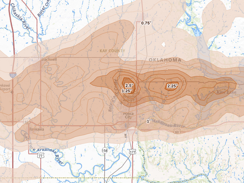 Radar-estimated hail-size map of the storm over Ponca City, OK on Apr 17, 2026