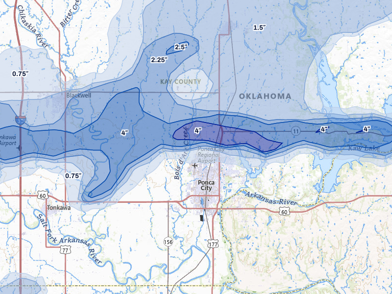 NEXRAD radar-signature map of the hail over Ponca City, OK