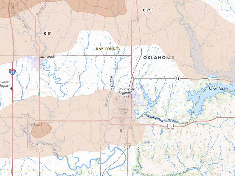 Radar-estimated hail-size map of the storm over Ponca City, OK on Apr 23, 2026