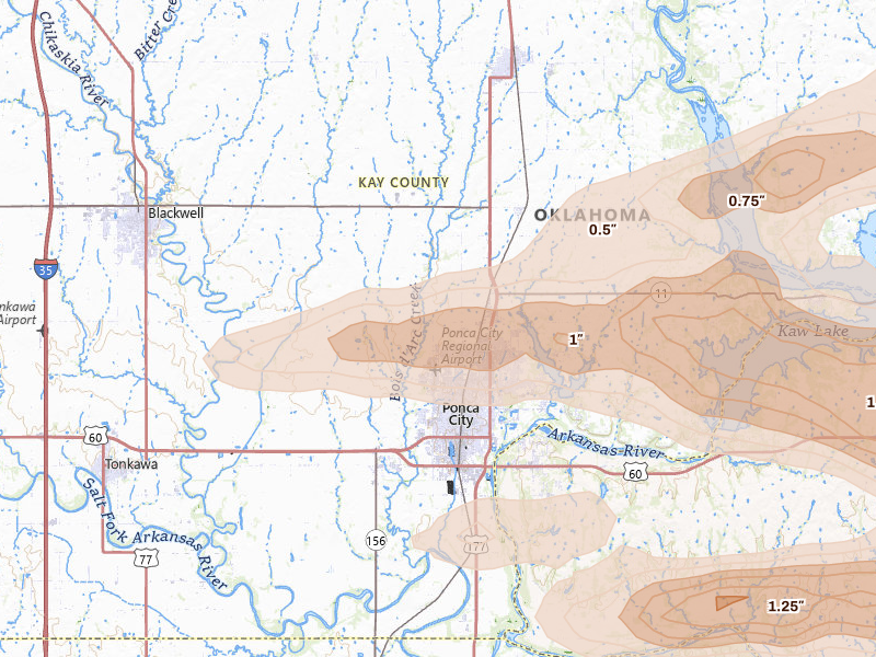 Radar-estimated hail-size map of the storm over Ponca City, OK on May 8, 2026