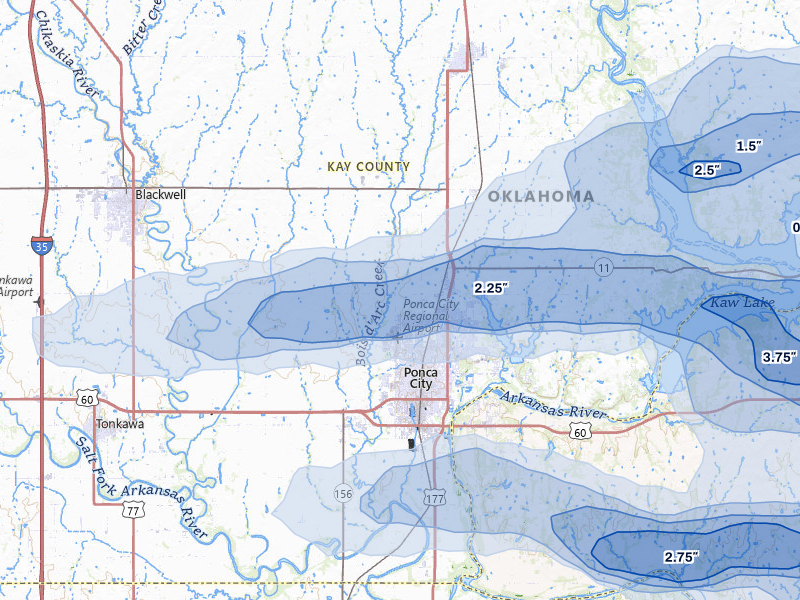 NEXRAD radar-signature map of the hail storm over Ponca City, OK on May 8, 2026