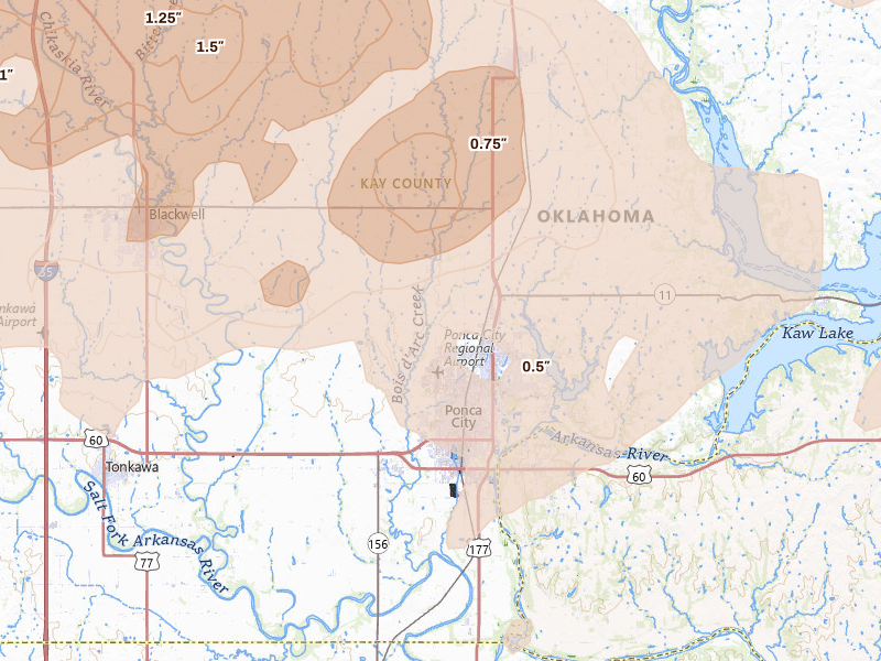 Radar-estimated hail-size map of the storm over Ponca City, OK on May 18, 2026