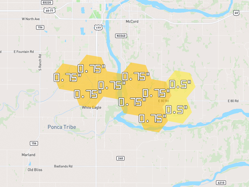 Hail map of Ponca City, OK on Jun 1, 2026, hail up to 0.75"