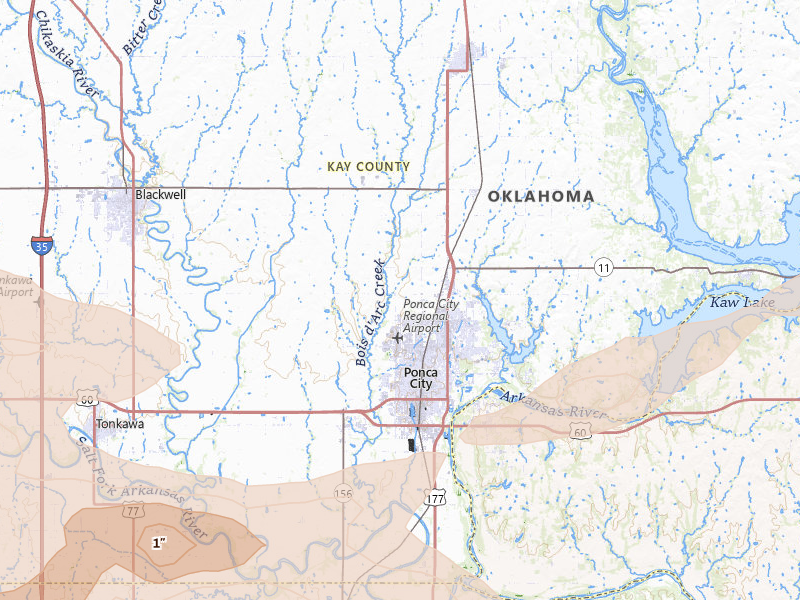 Radar-estimated hail-size map of the storm over Ponca City, OK on Jun 18, 2026
