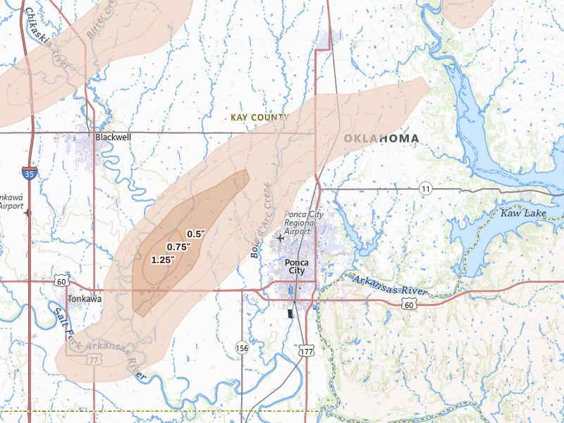 Radar-estimated hail-size map of the storm over Ponca City, OK on Jun 26, 2026