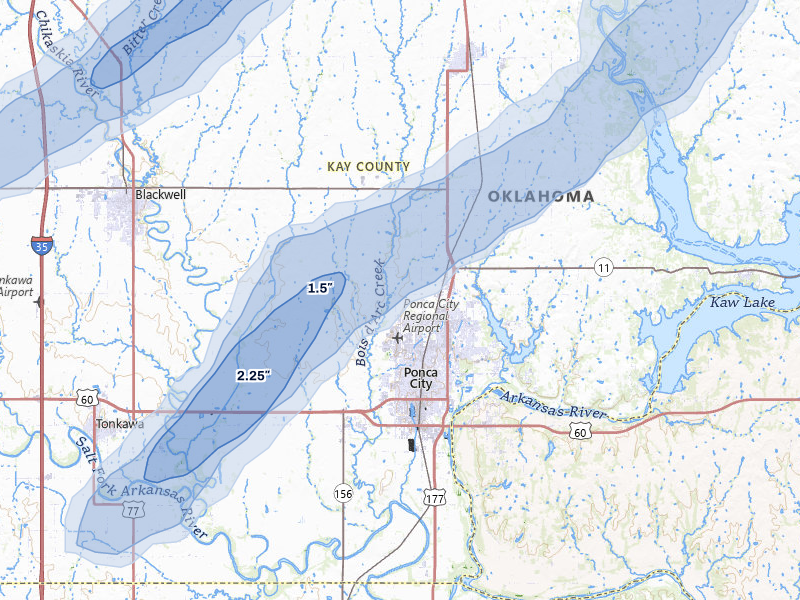 NEXRAD radar-signature map of the hail storm over Ponca City, OK on Jun 26, 2026