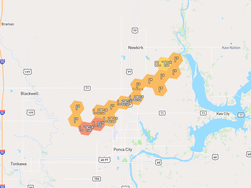Hail map of Ponca City, OK on Jun 27, 2026, hail up to 1.75"