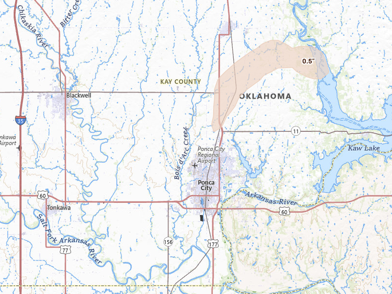 Radar-estimated hail-size map of the storm over Ponca City, OK on Jul 11, 2026