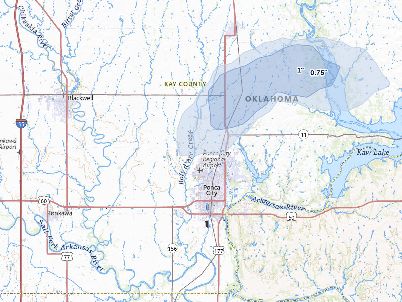 NEXRAD radar-signature map of the hail storm over Ponca City, OK on Jul 11, 2026