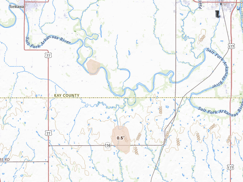 Radar-estimated hail-size map of the storm over Ponca City, OK on Aug 21, 2026