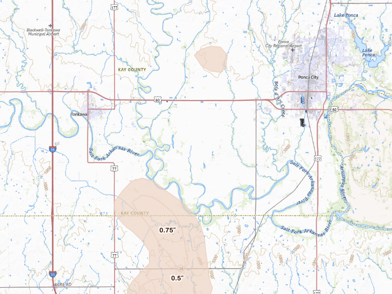 Radar-estimated hail-size map of the storm over Ponca City, OK