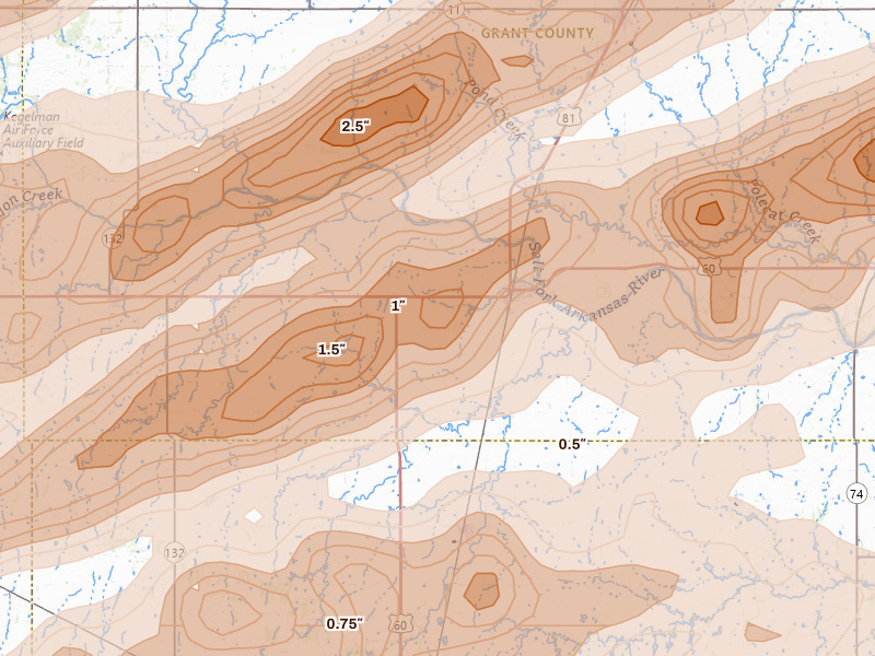 Radar-estimated hail-size map of the storm over Pond Creek, OK on Apr 17, 2026