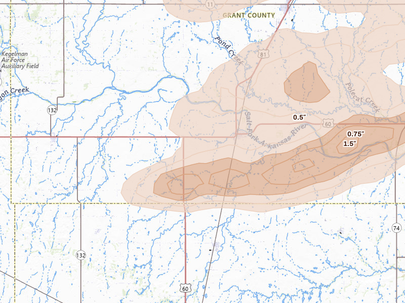 Radar-estimated hail-size map of the storm over Pond Creek, OK on Apr 23, 2026