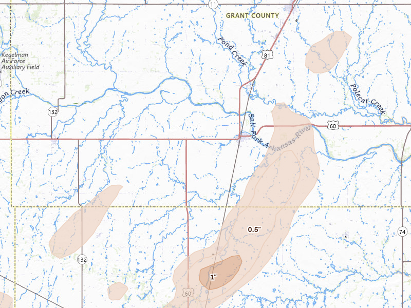 Radar-estimated hail-size map of the storm over Pond Creek, OK on May 29, 2026