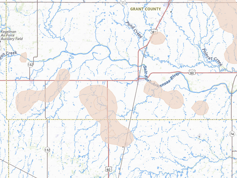 Radar-estimated hail-size map of the storm over Pond Creek, OK on Jun 1, 2026
