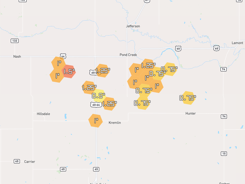 Hail map of Pond Creek, OK on Jun 2, 2026, hail up to 1.5"
