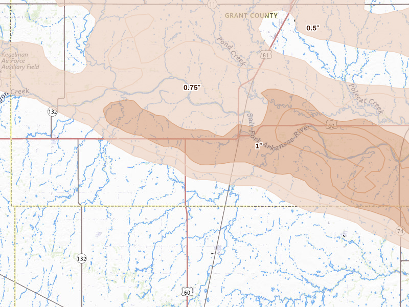 Radar-estimated hail-size map of the storm over Pond Creek, OK on Jun 18, 2026