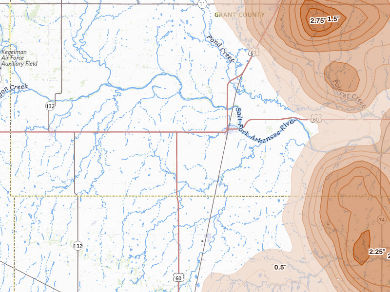 Radar-estimated hail-size map of the storm over Pond Creek, OK on Jul 4, 2026