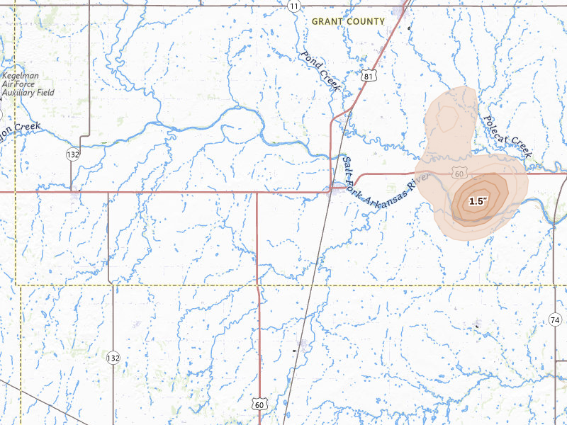 Radar-estimated hail-size map of the storm over Pond Creek, OK on Jul 11, 2026